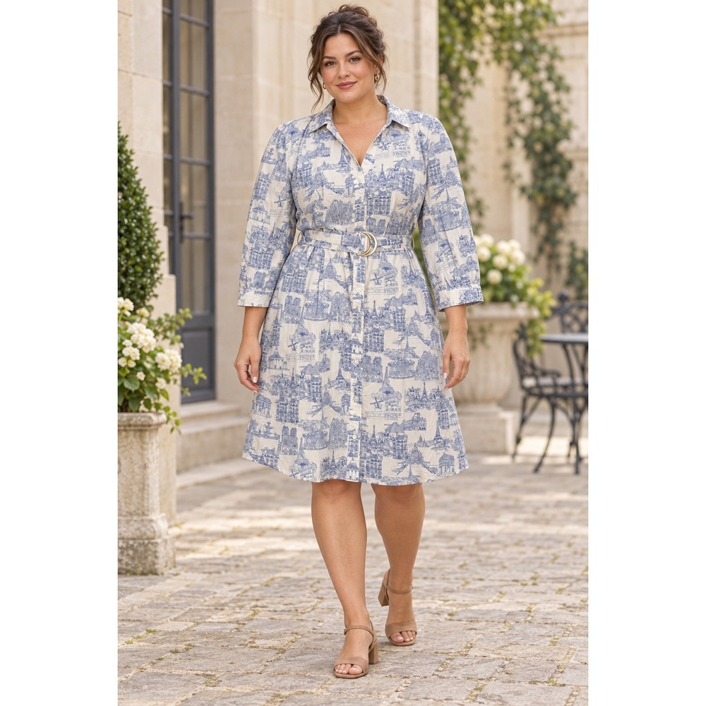 Karl Lagerfeld Paris Blue White Toile City Print Belted Shirt Dress 16 Preppy